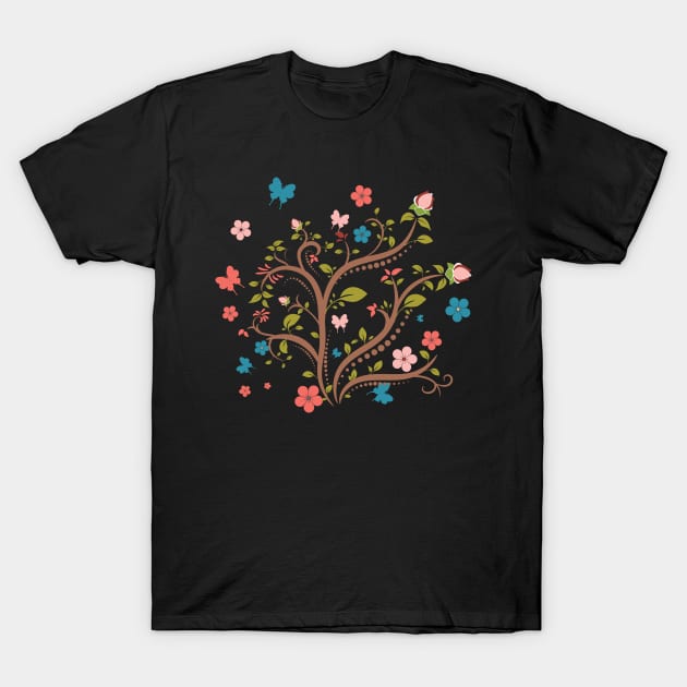 Coral Floral Butterfly Swirls T-Shirt by LizzyizzyDesign